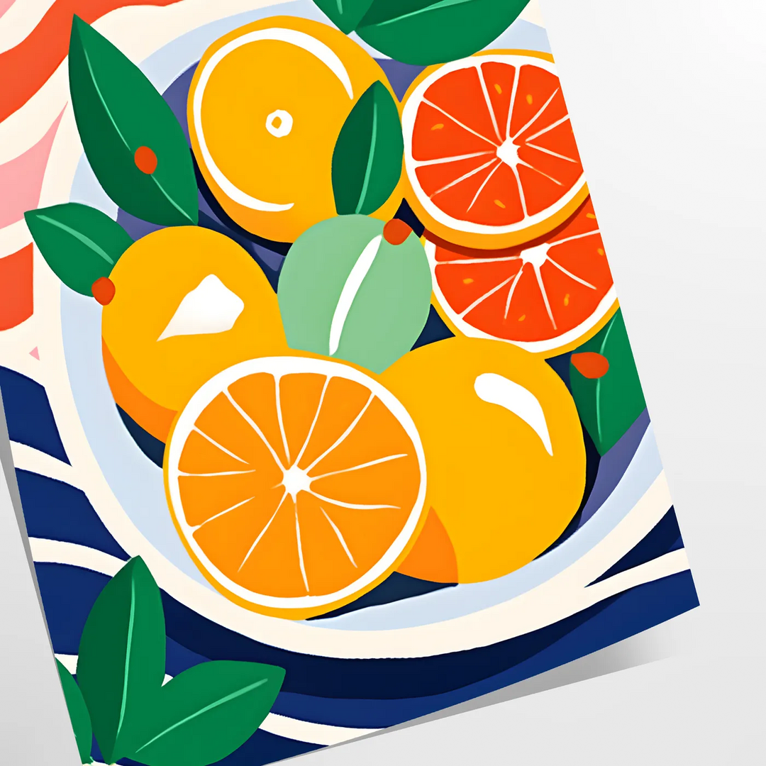 A kitchen scene featuring citrus fruits in bright orange and blue tones