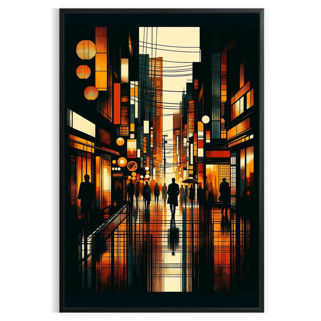 Abstract urban scene featuring yellow and black elements, inspired by Japanese city life
