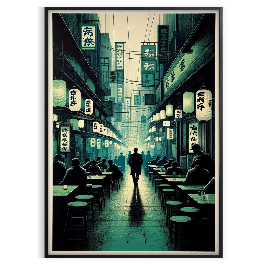 Abstract depiction of a cityscape in Japan with black and gray tones