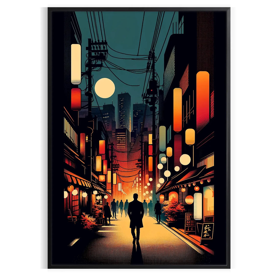 Cityscape of Japan featuring bold orange and black colors