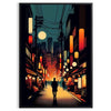 Cityscape of Japan featuring bold orange and black colors - in a black frame