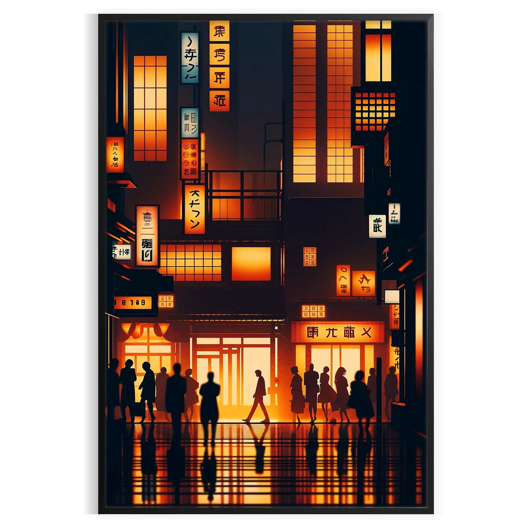 Abstract representation of a Japanese cityscape with orange and black tones