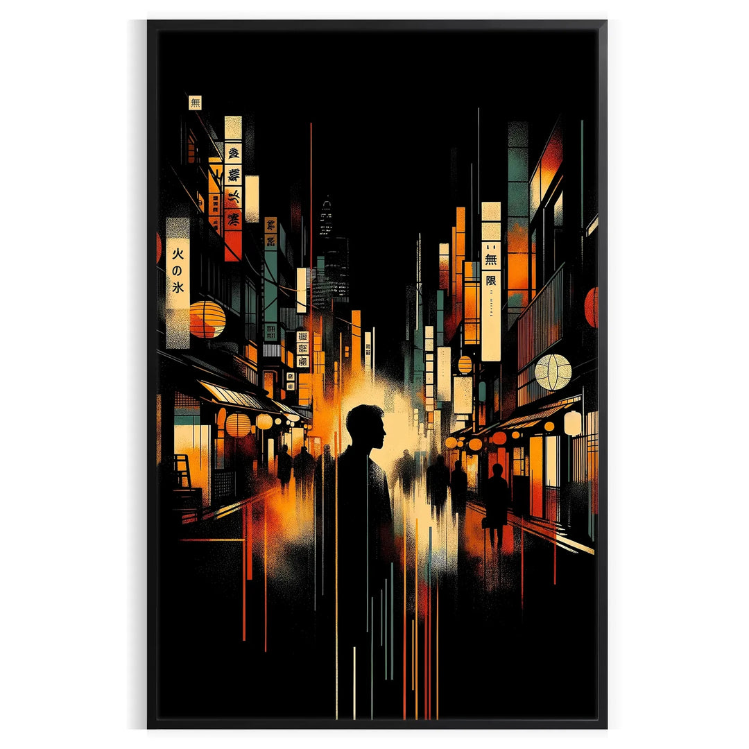 Abstract depiction of a cityscape in Japan with orange and black tones