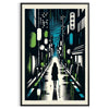 A cityscape of Japan featuring blue and white tones - in a black frame