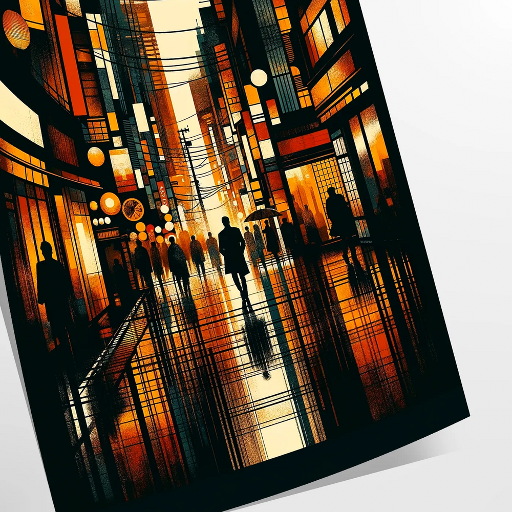 Abstract urban scene featuring yellow and black elements, inspired by Japanese city life