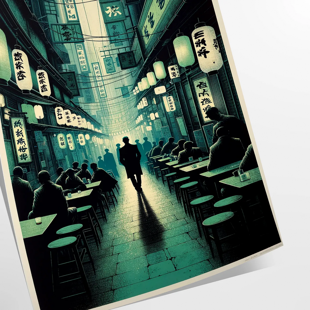 Abstract depiction of a cityscape in Japan with black and gray tones