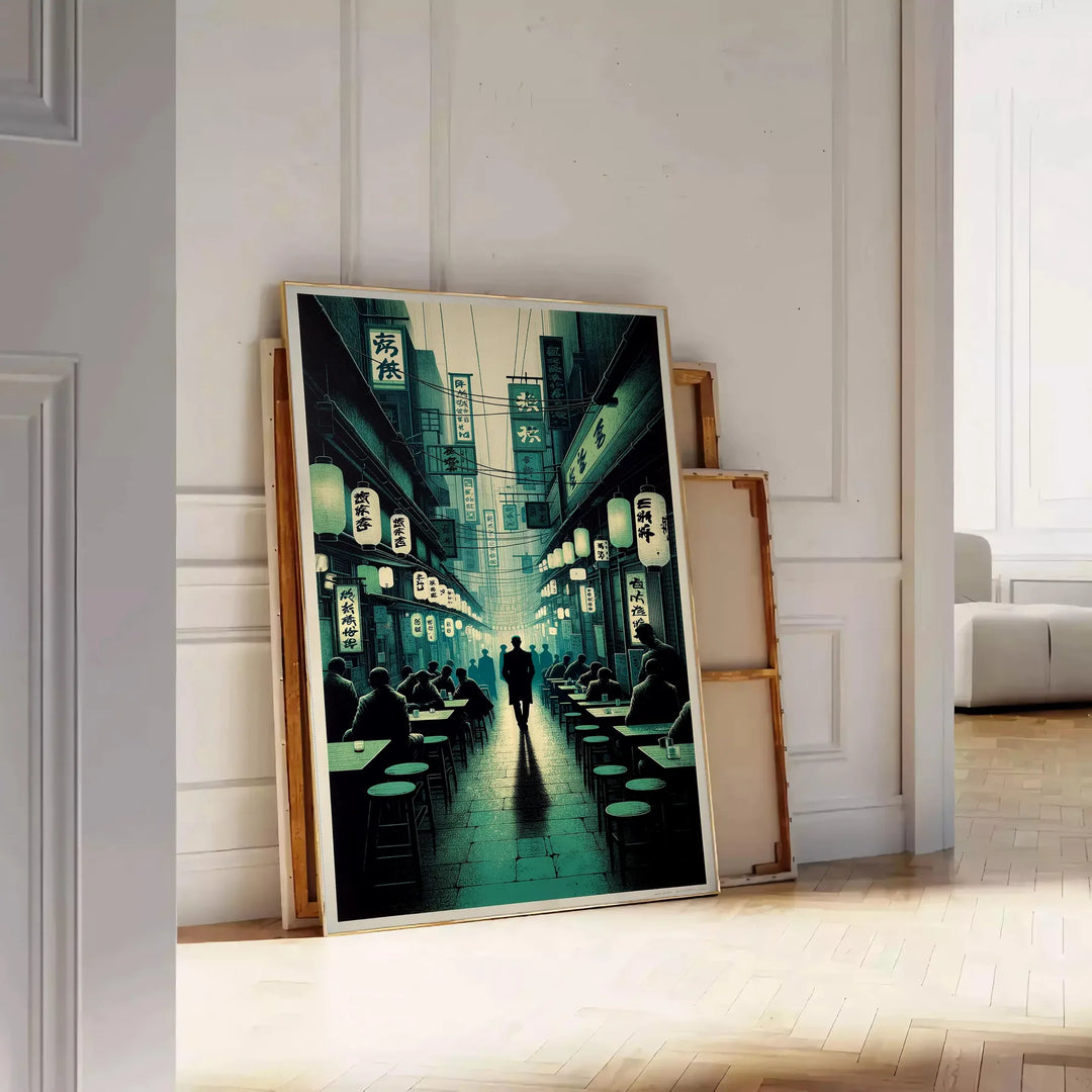 Abstract depiction of a cityscape in Japan with black and gray tones - leaning on a herringbone floor against a white panelled wall