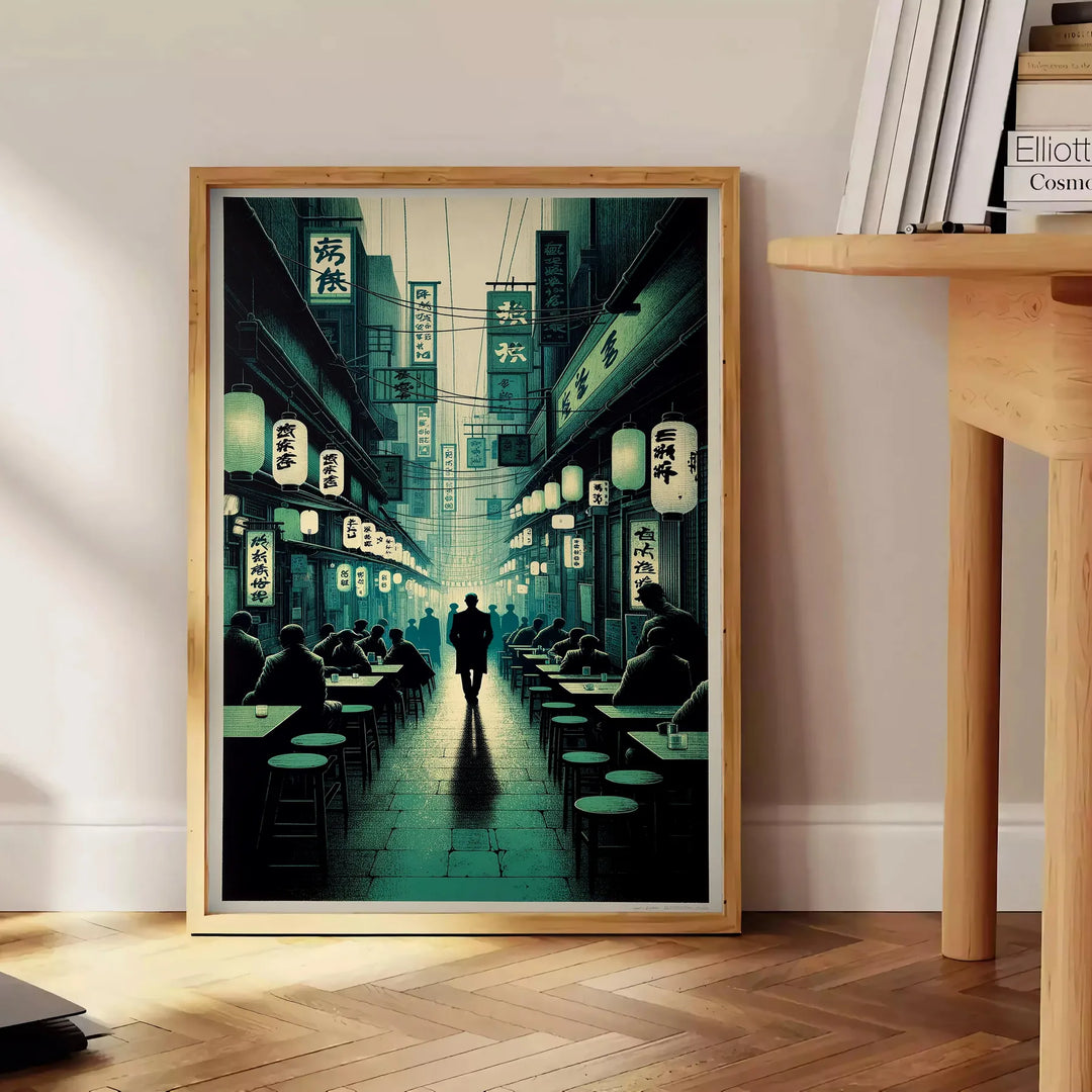 Abstract depiction of a cityscape in Japan with black and gray tones - beside a round wooden side table with books