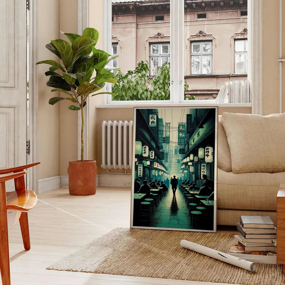Abstract depiction of a cityscape in Japan with black and gray tones - in a Parisian living room with a sofa and a fig plant