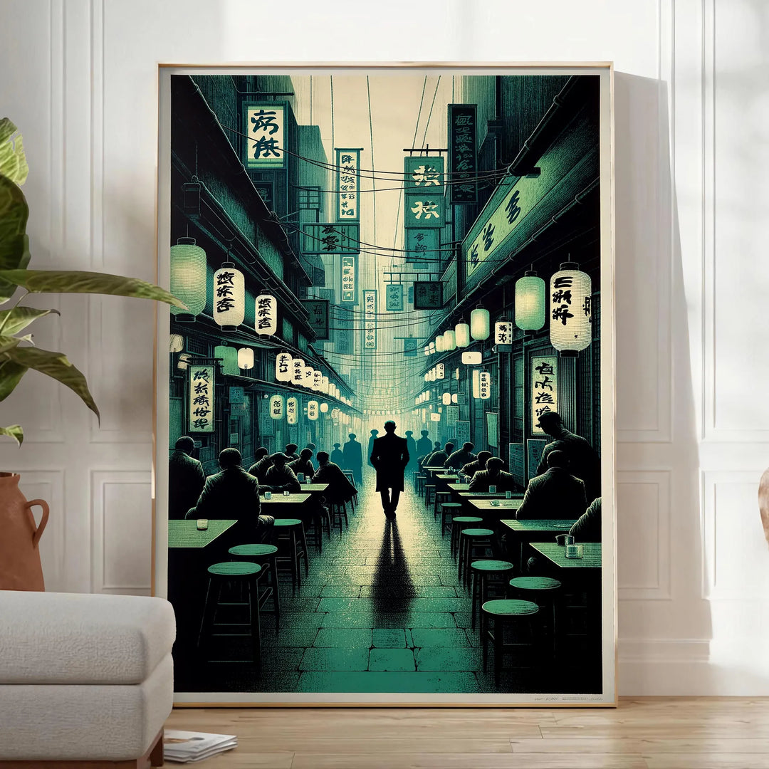 Abstract depiction of a cityscape in Japan with black and gray tones - in a bright minimalist room with a plant and an armchair