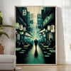 Abstract depiction of a cityscape in Japan with black and gray tones - in a bright minimalist room with a plant and an armchair