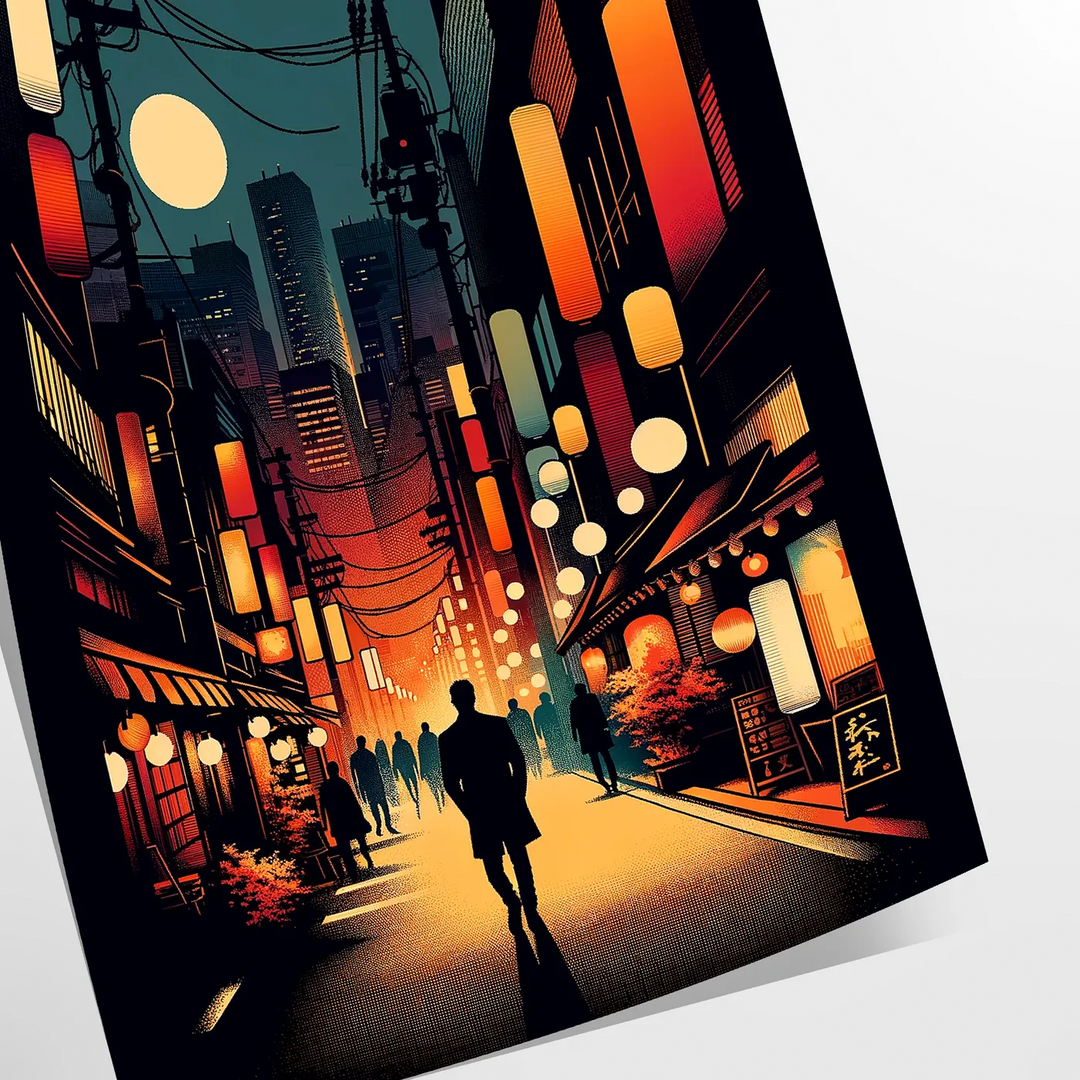 Cityscape of Japan featuring bold orange and black colors - as a rolled, unframed print