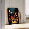 Cityscape of Japan featuring bold orange and black colors - leaning on a herringbone floor against a white panelled wall