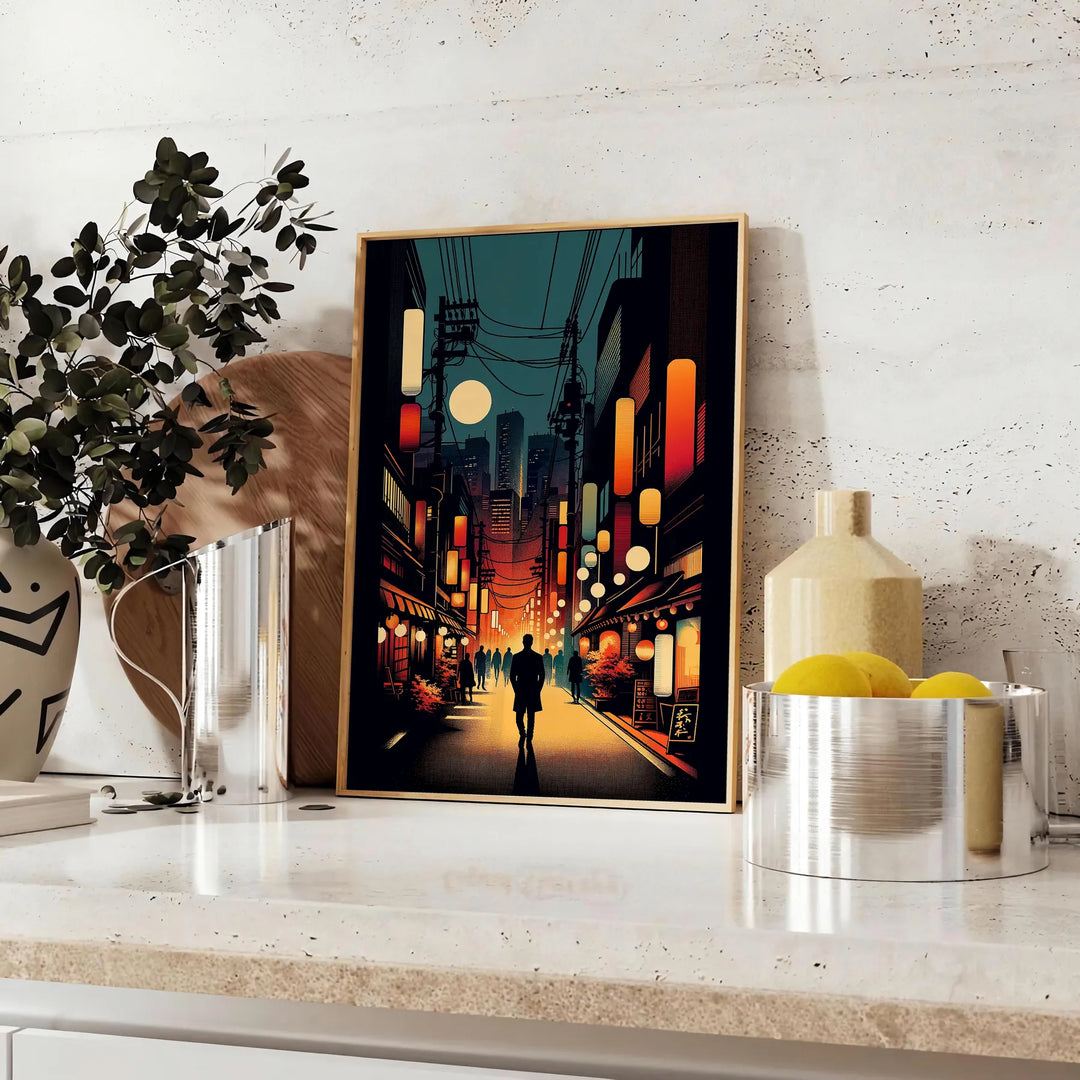 Cityscape of Japan featuring bold orange and black colors - styled on a counter with eucalyptus and a bowl of lemons