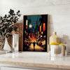 Cityscape of Japan featuring bold orange and black colors - styled on a counter with eucalyptus and a bowl of lemons