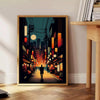 Cityscape of Japan featuring bold orange and black colors - beside a round wooden side table with books