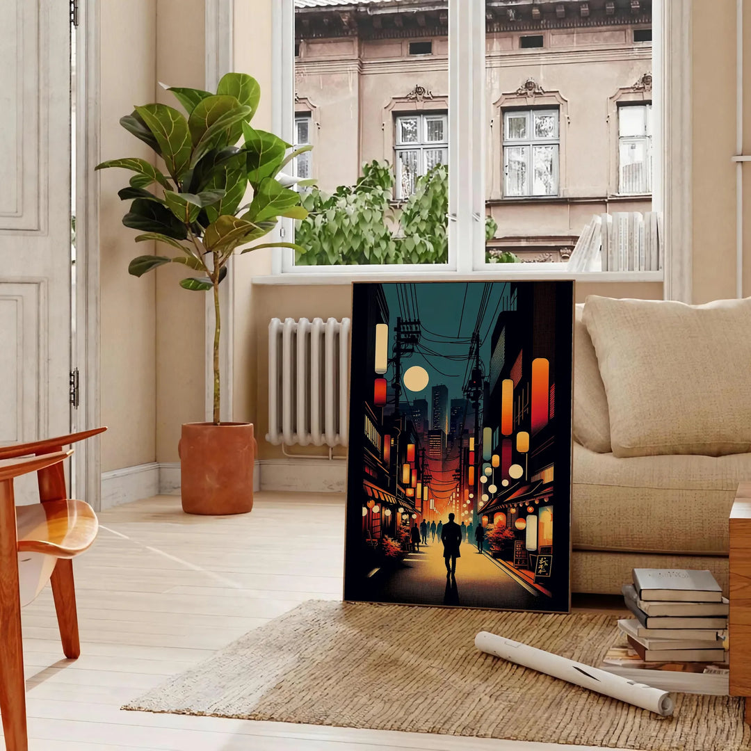 Cityscape of Japan featuring bold orange and black colors - in a Parisian living room with a sofa and a fig plant
