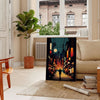 Cityscape of Japan featuring bold orange and black colors - in a Parisian living room with a sofa and a fig plant
