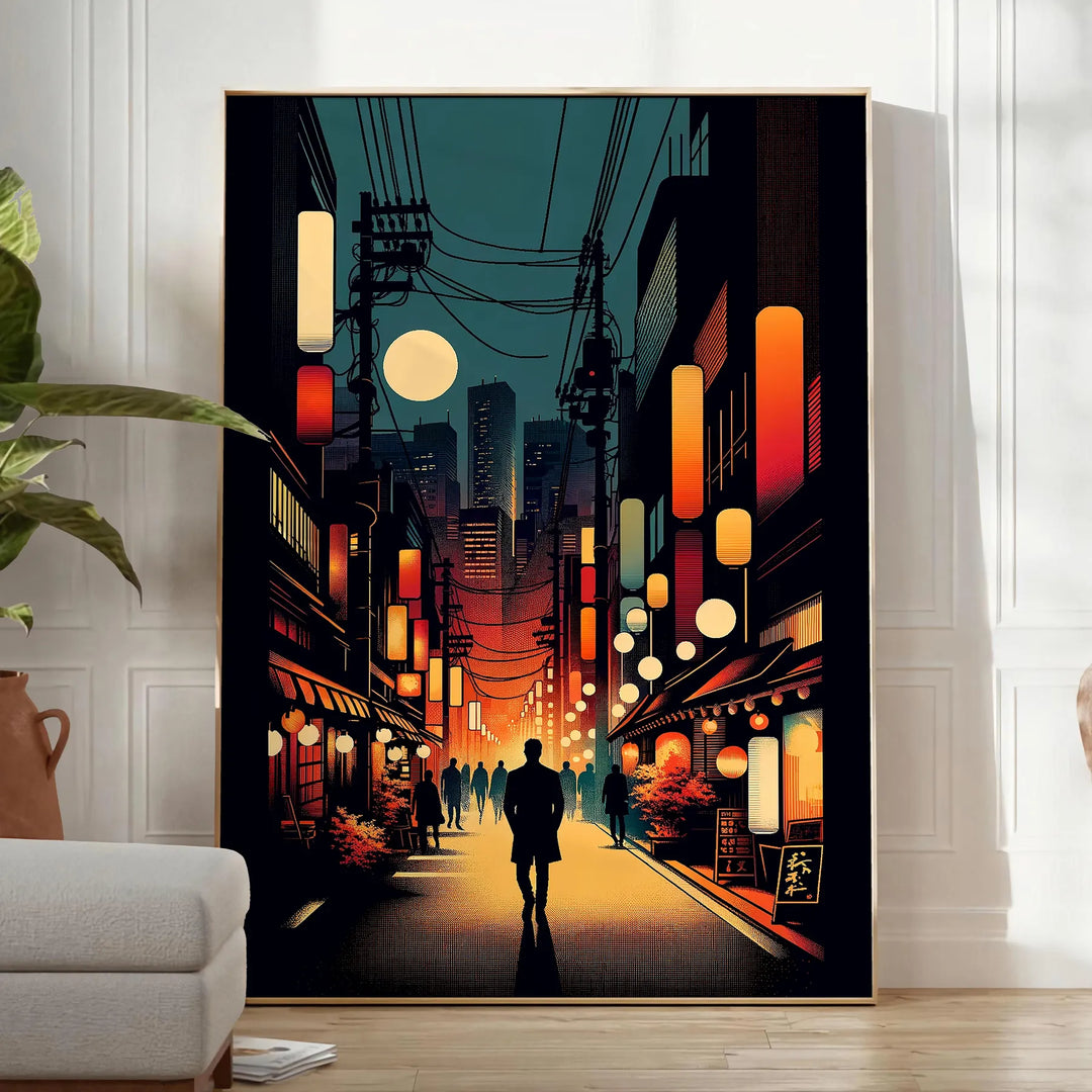 Cityscape of Japan featuring bold orange and black colors - in a bright minimalist room with a plant and an armchair