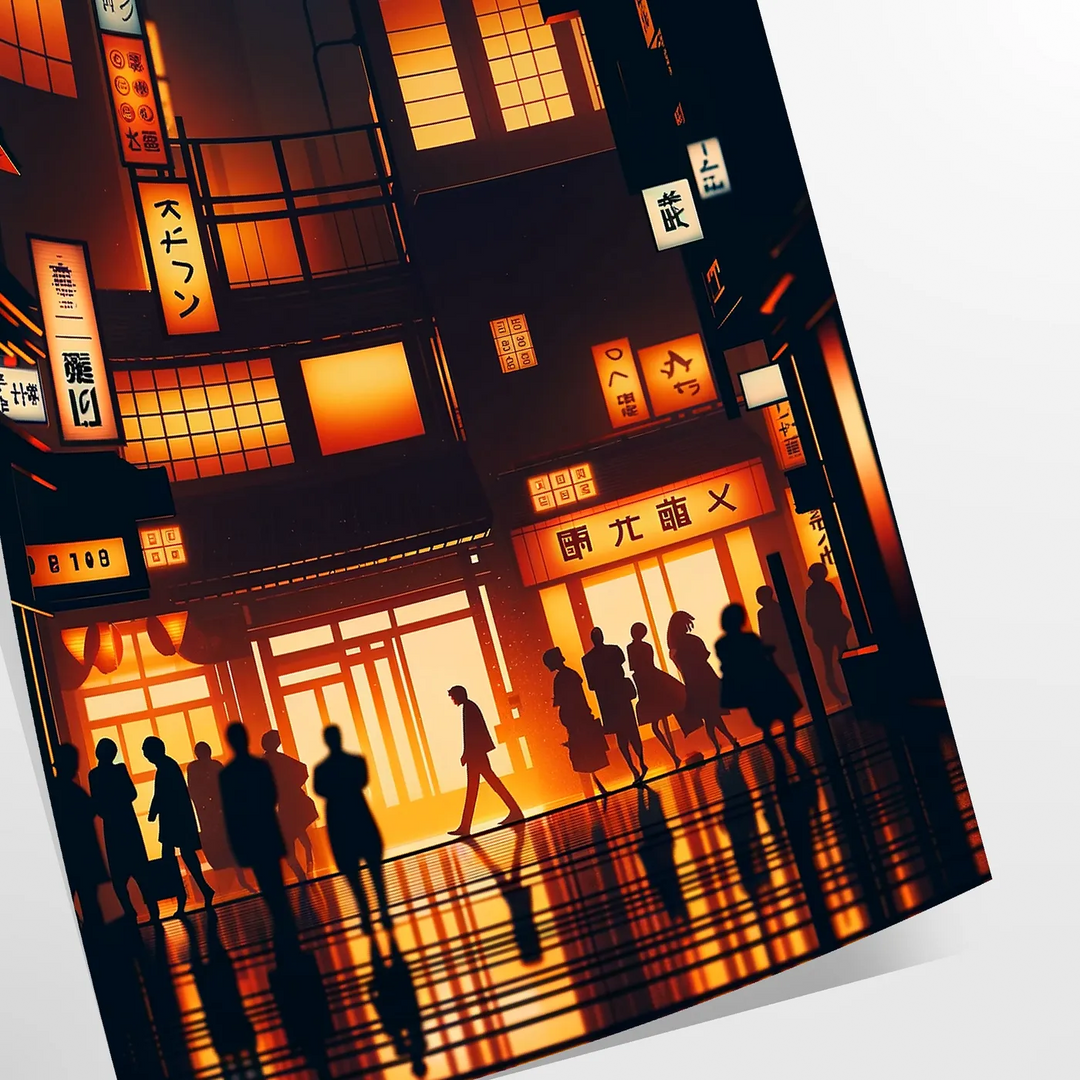 Abstract representation of a Japanese cityscape with orange and black tones - as a rolled, unframed print