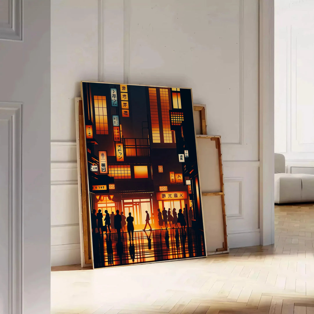Abstract representation of a Japanese cityscape with orange and black tones - leaning on a herringbone floor against a white panelled wall