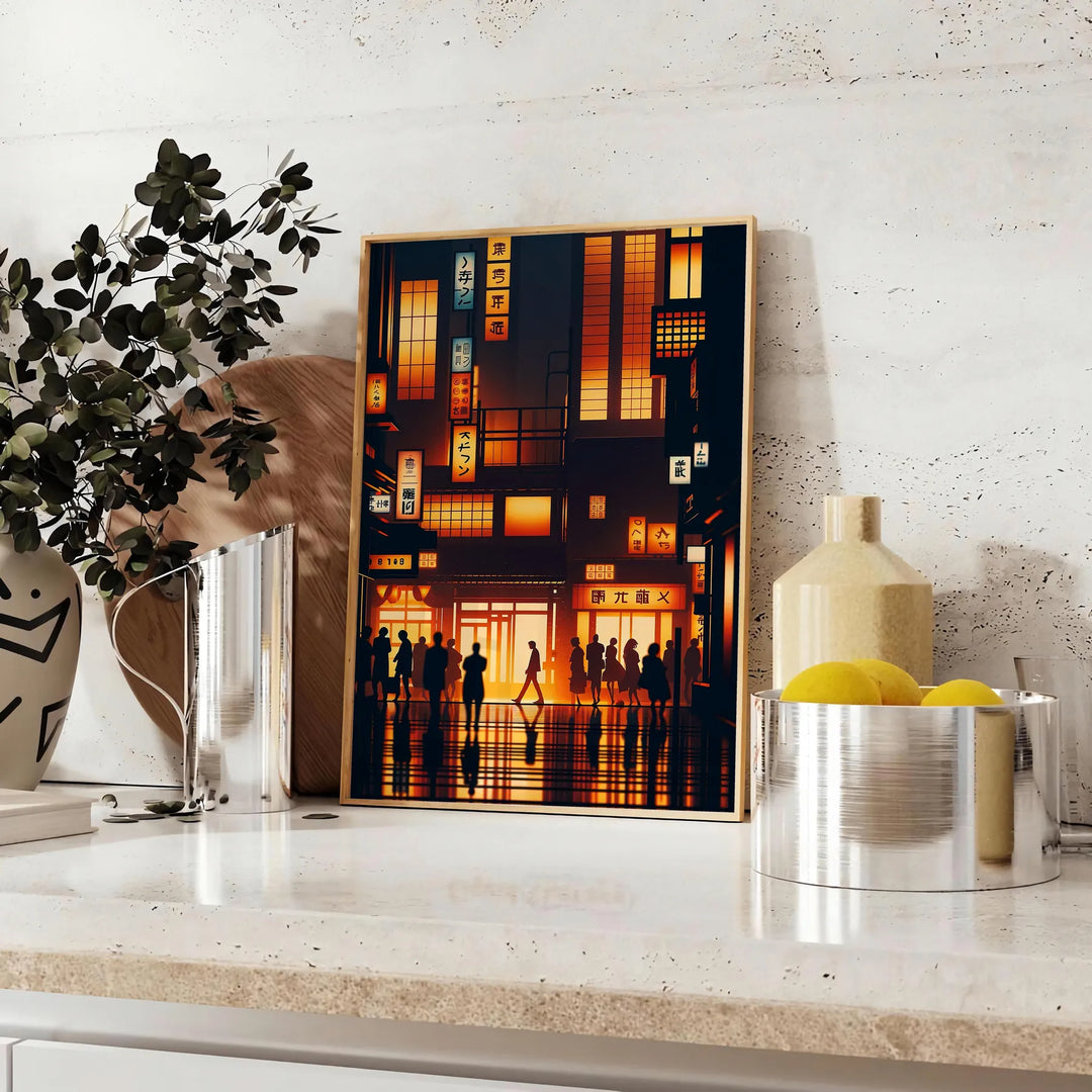 Abstract representation of a Japanese cityscape with orange and black tones - styled on a counter with eucalyptus and a bowl of lemons