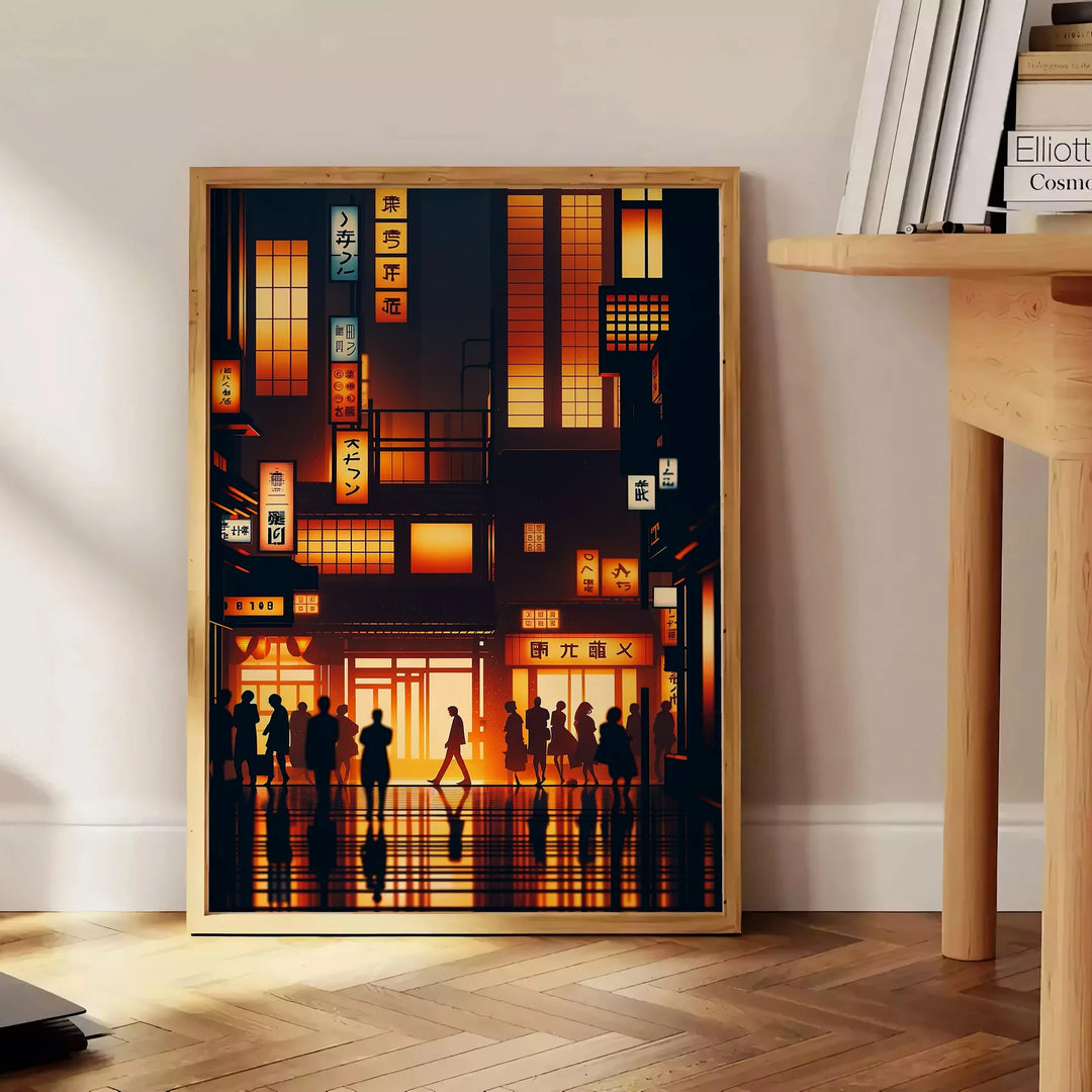 Abstract representation of a Japanese cityscape with orange and black tones - beside a round wooden side table with books