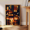 Abstract representation of a Japanese cityscape with orange and black tones - beside a round wooden side table with books