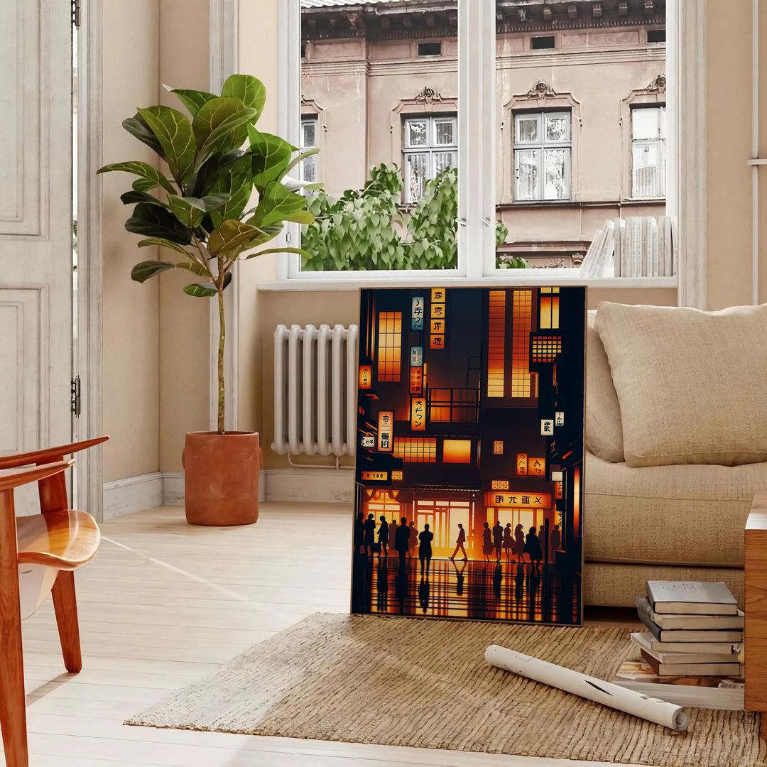 Abstract representation of a Japanese cityscape with orange and black tones - in a Parisian living room with a sofa and a fig plant