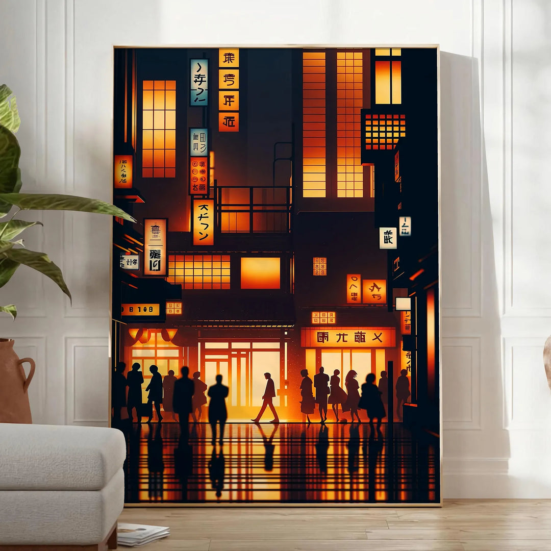 Abstract representation of a Japanese cityscape with orange and black tones - in a bright minimalist room with a plant and an armchair
