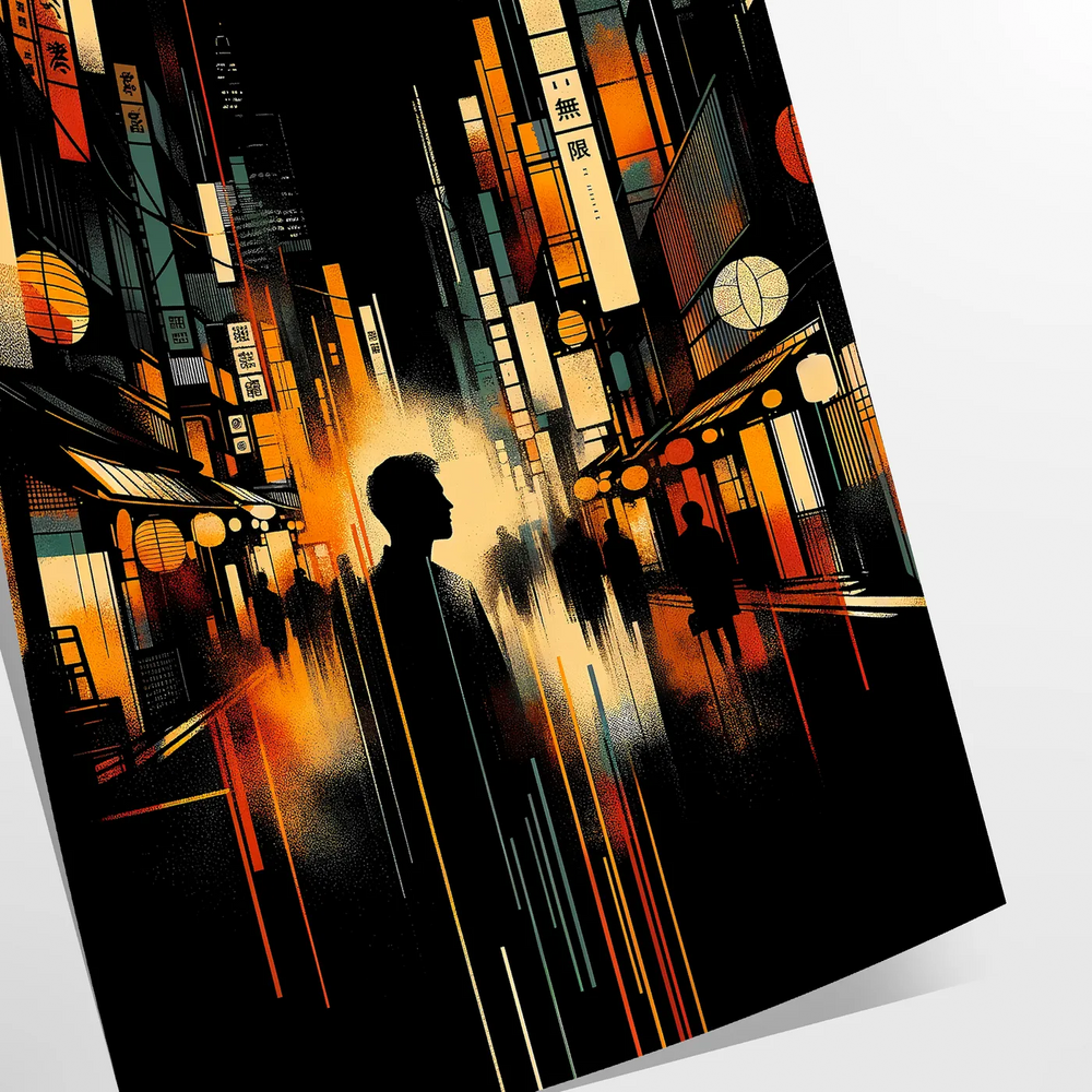 Abstract depiction of a cityscape in Japan with orange and black tones