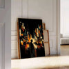 Abstract depiction of a cityscape in Japan with orange and black tones - leaning on a herringbone floor against a white panelled wall
