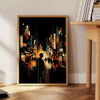 Abstract depiction of a cityscape in Japan with orange and black tones - beside a round wooden side table with books
