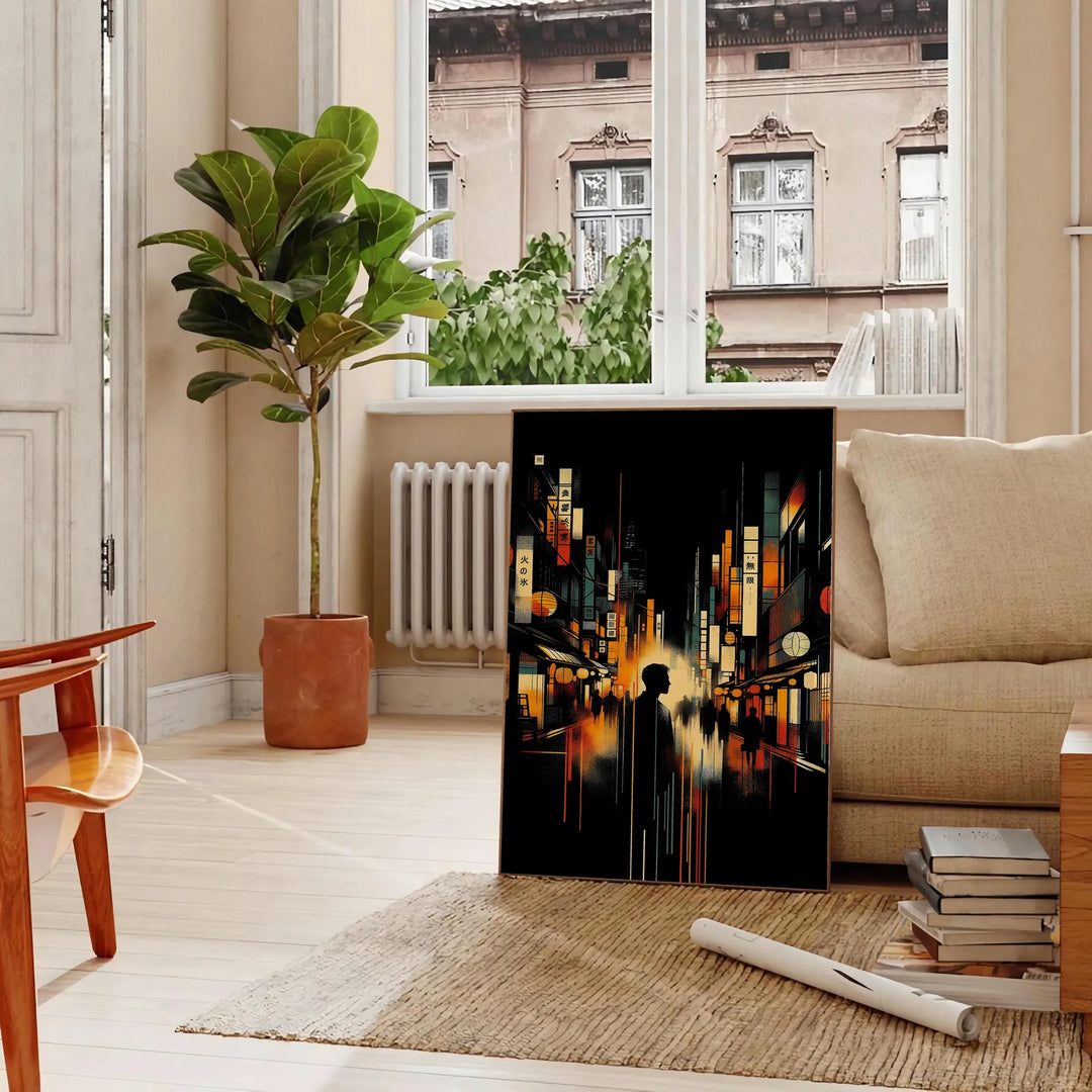 Abstract depiction of a cityscape in Japan with orange and black tones - in a Parisian living room with a sofa and a fig plant