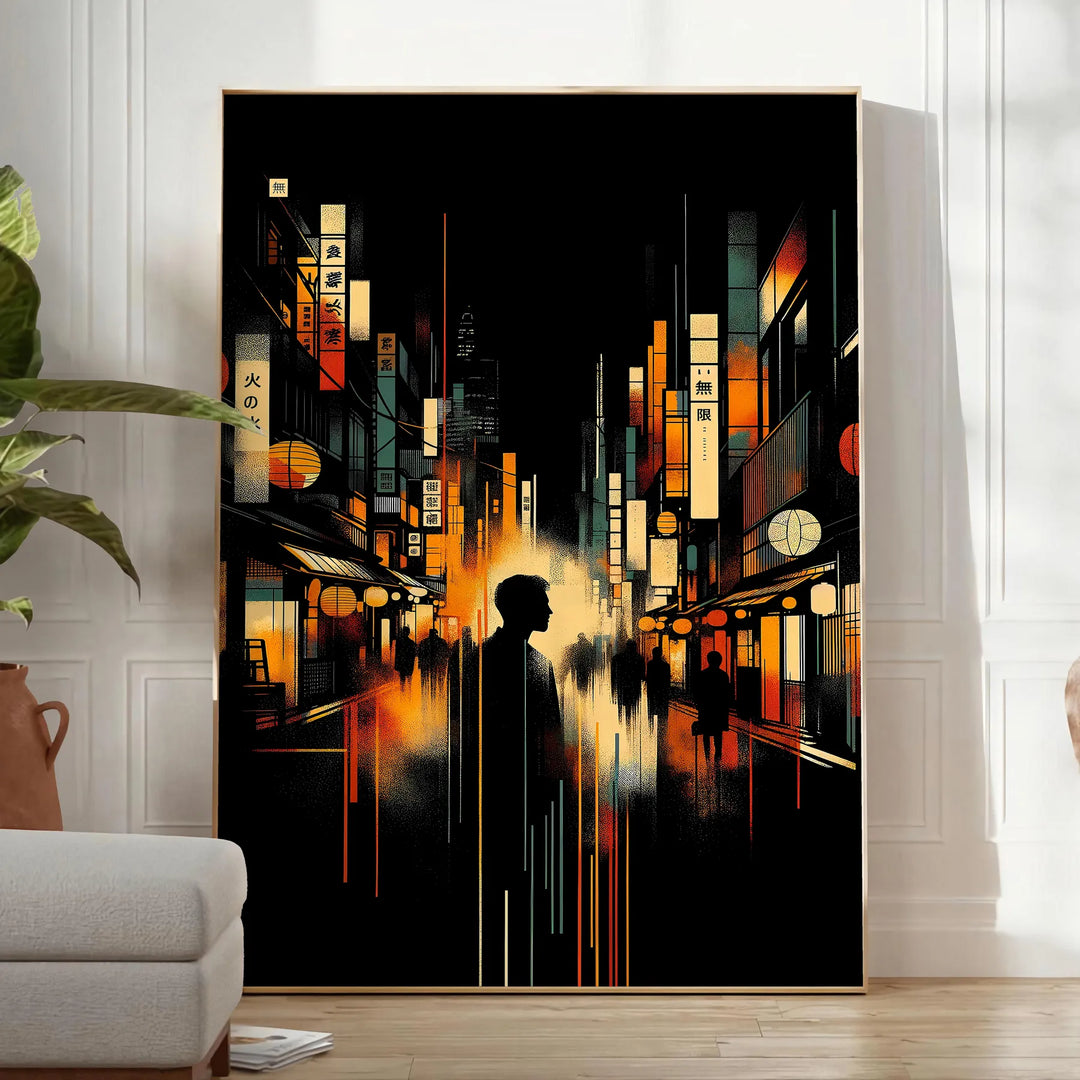 Abstract depiction of a cityscape in Japan with orange and black tones - in a bright minimalist room with a plant and an armchair