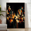 Abstract depiction of a cityscape in Japan with orange and black tones - in a bright minimalist room with a plant and an armchair
