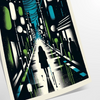 A cityscape of Japan featuring blue and white tones - as a rolled, unframed print