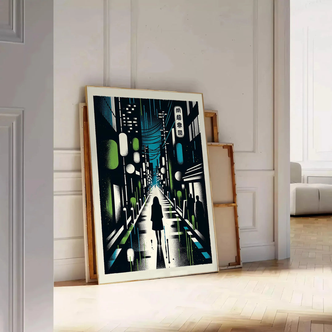 A cityscape of Japan featuring blue and white tones - leaning on a herringbone floor against a white panelled wall