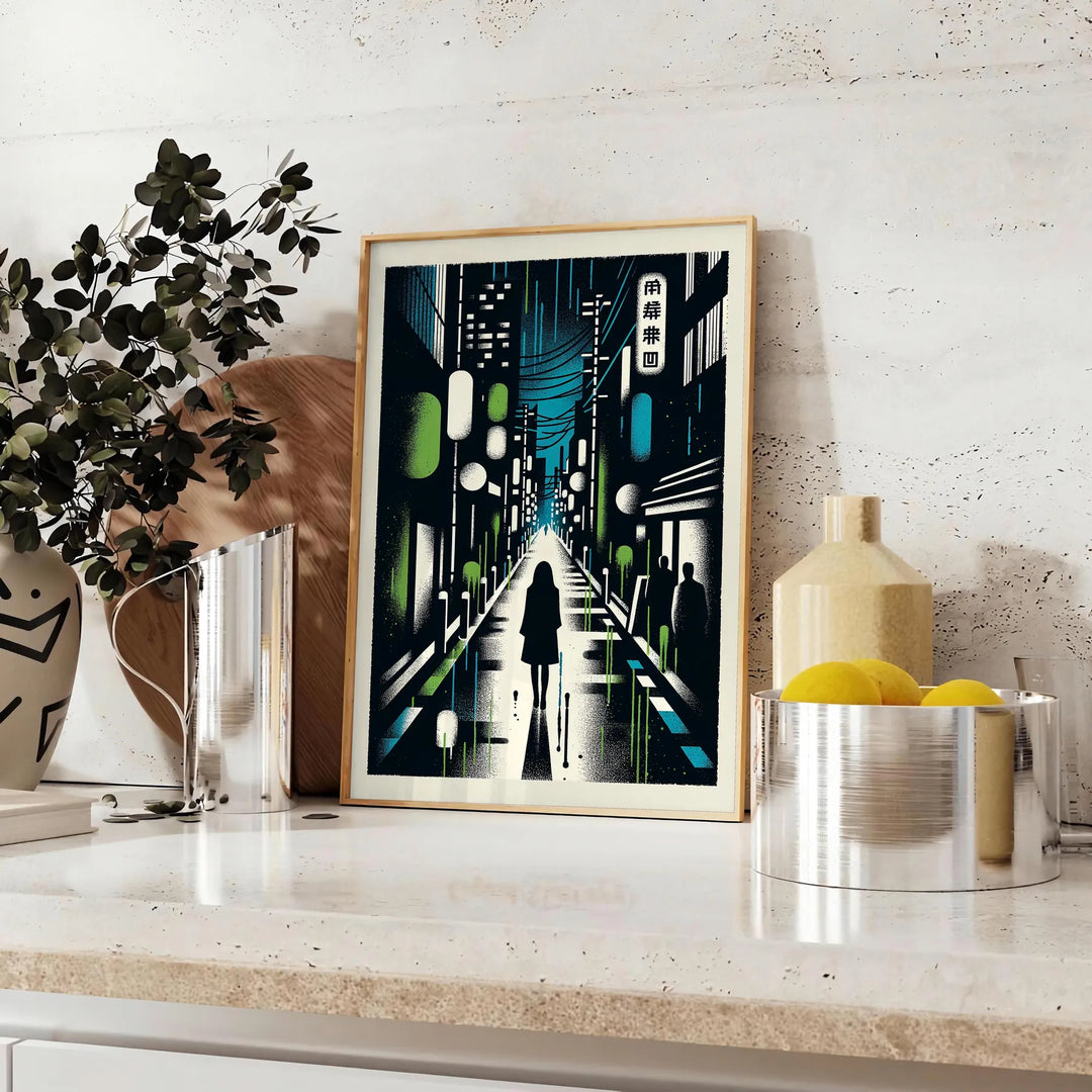 A cityscape of Japan featuring blue and white tones - styled on a counter with eucalyptus and a bowl of lemons