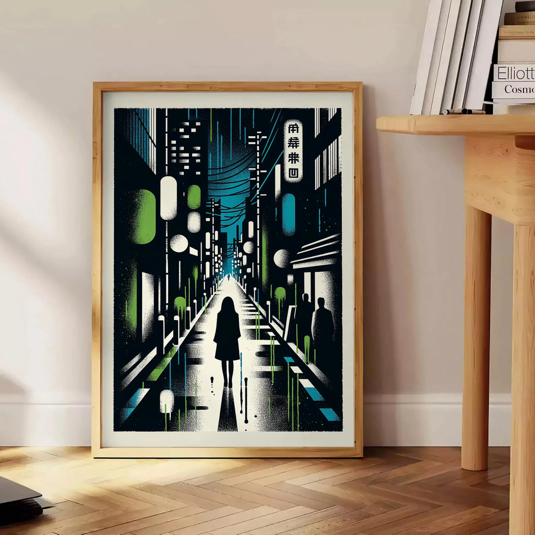 A cityscape of Japan featuring blue and white tones - beside a round wooden side table with books