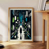 A cityscape of Japan featuring blue and white tones - beside a round wooden side table with books