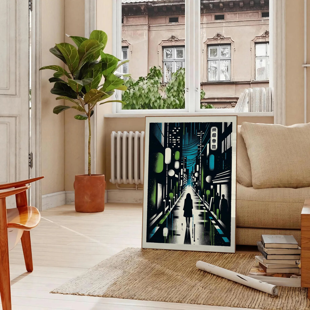 A cityscape of Japan featuring blue and white tones - in a Parisian living room with a sofa and a fig plant