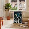 A cityscape of Japan featuring blue and white tones - in a Parisian living room with a sofa and a fig plant