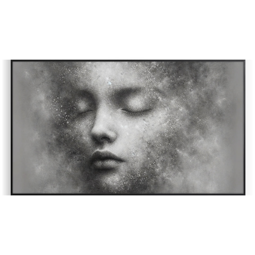 A whimsical illustration of a child floating among fluffy clouds in soft greens and grays