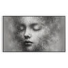 A whimsical illustration of a child floating among fluffy clouds in soft greens and grays - in a black frame