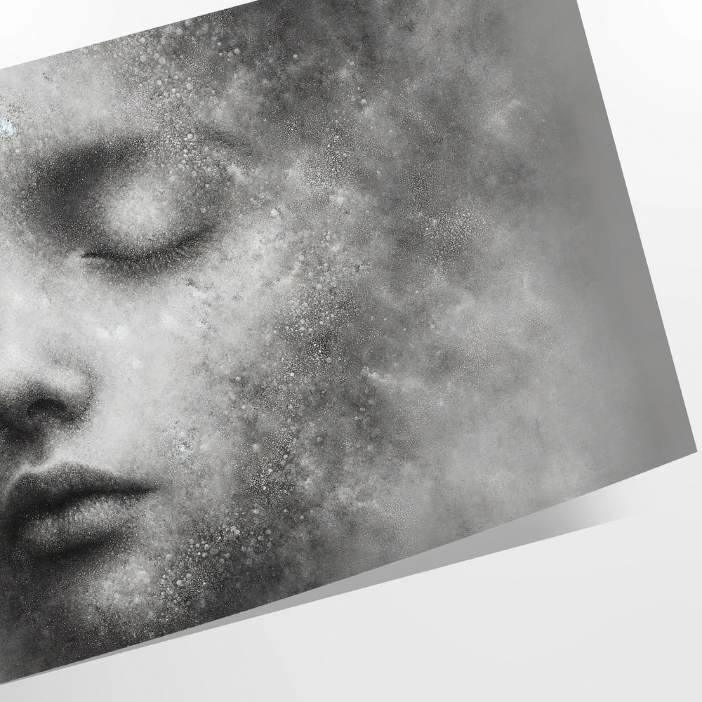 A whimsical illustration of a child floating among fluffy clouds in soft greens and grays