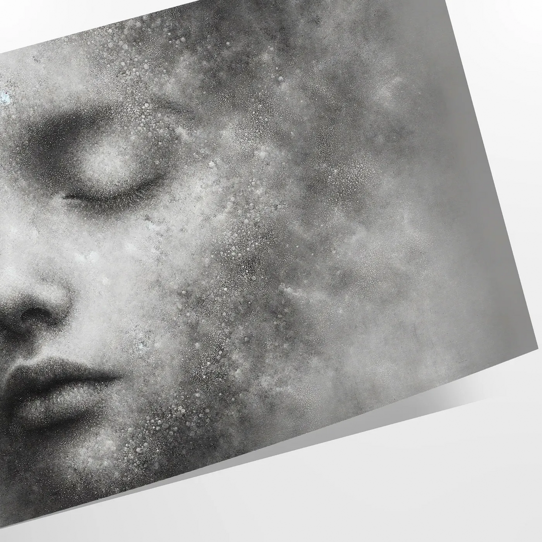 A whimsical illustration of a child floating among fluffy clouds in soft greens and grays - as a rolled, unframed print