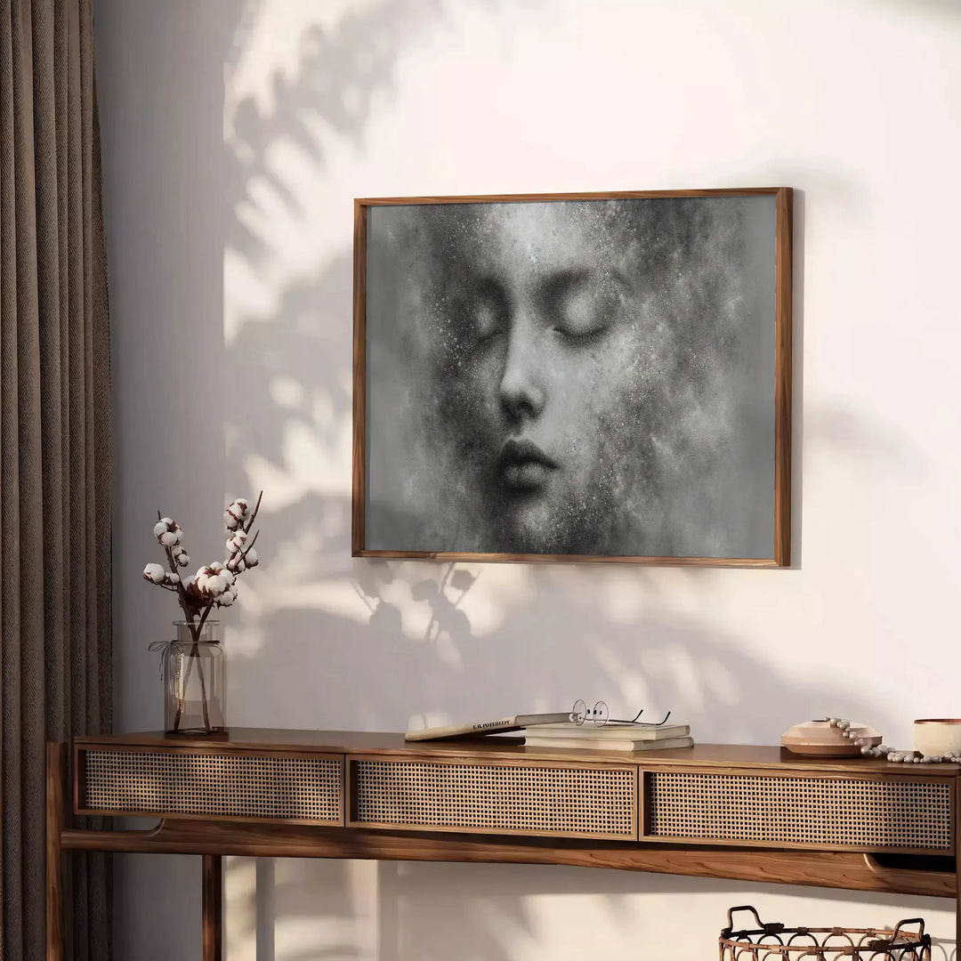 A whimsical illustration of a child floating among fluffy clouds in soft greens and grays - styled on a counter with eucalyptus and a bowl of lemons