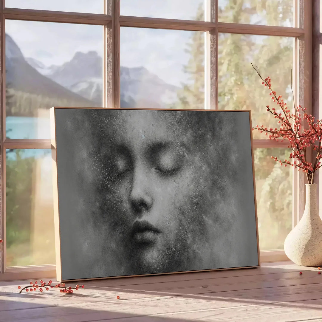 A whimsical illustration of a child floating among fluffy clouds in soft greens and grays - beside a round wooden side table with books