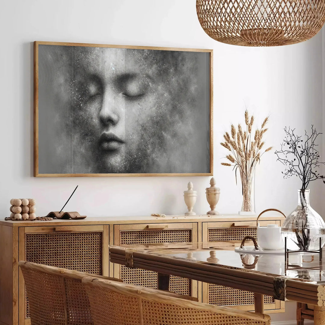 A whimsical illustration of a child floating among fluffy clouds in soft greens and grays - in a Parisian living room with a sofa and a fig plant
